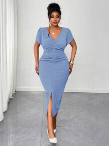 Maweii 大码女士优雅休闲商务V领短袖修身连衣裙，女士优雅套装，女士礼服，正式服装，曲线婚礼宾客装扮，女士连衣裙，优雅经典裹身裙，婚礼宾客 - 藍色 - 查看 5