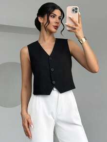 SHEIN قميص أنثوي أحادي اللون بتصميم بسيط بدون أكمام، للارتداء اليومي العادي - الأسود - مشاهدة 4