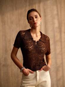 MOTF PREMIUM POLO COLLAR KNIT SHORT SLEEVE HOLLOW-OUT UNIQUE SUMMER TOP - Coffee Brown - View 2