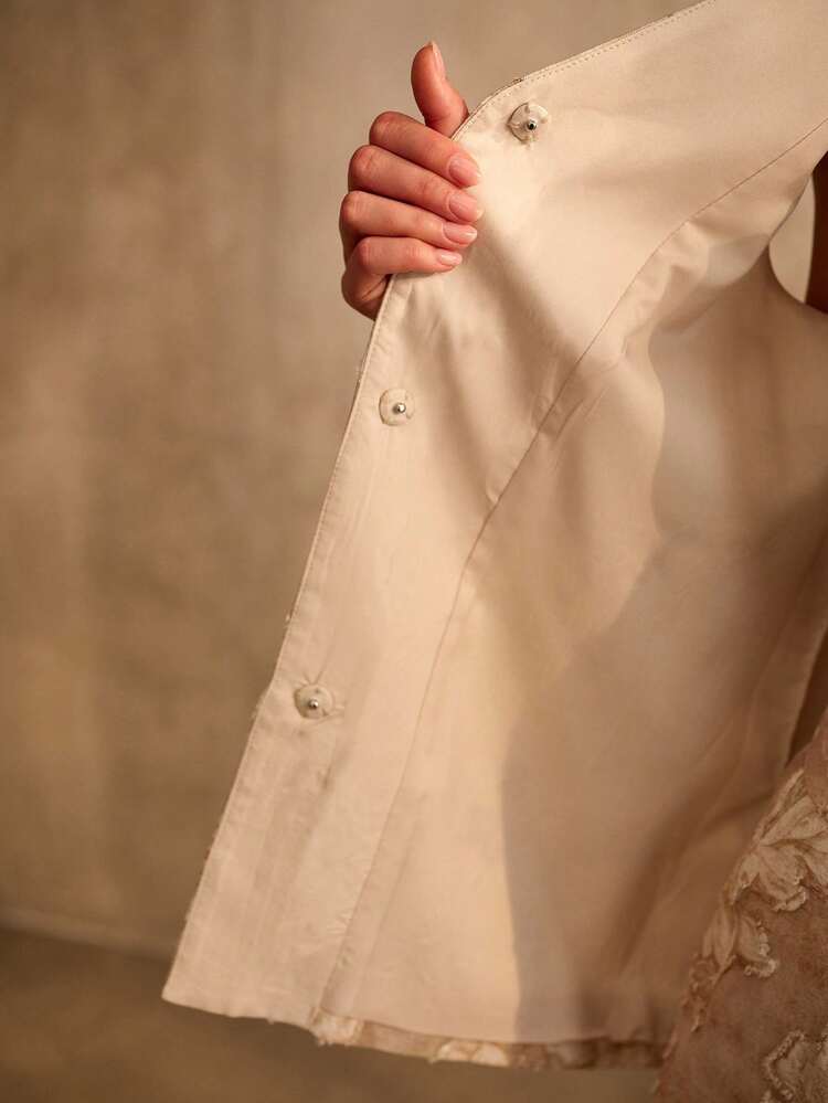 WOMEN'S KHAKI JACQUARD WAIST-CINCHED SLEEVELESS JACKET
