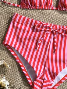 Swim Mod Bộ bikini 2 mảnh dành cho nữ, họa tiết sọc nhiệt đới dễ thương, kiểu cổ yếm tam giác và quần bikini cạp chun điều chỉnh được, kiểu dáng gợi cảm, bán chạy nhất cho kỳ nghỉ biển, phong cách thường ngày thanh lịch, thích hợp cho ngày Valentine. - Nhiều màu - Xem 5