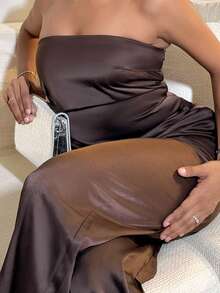 Natali Santanap 1 Set Solid Color Asymmetric Hem Sleeveless Crop Top And Wide Leg Pants - Coffee Brown - View 6