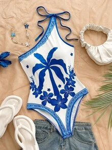 Soleia New Vacation Knit Printed Asymmetric-Shoulder Bowknot Bodysuit For Women - Blue and White - View 1