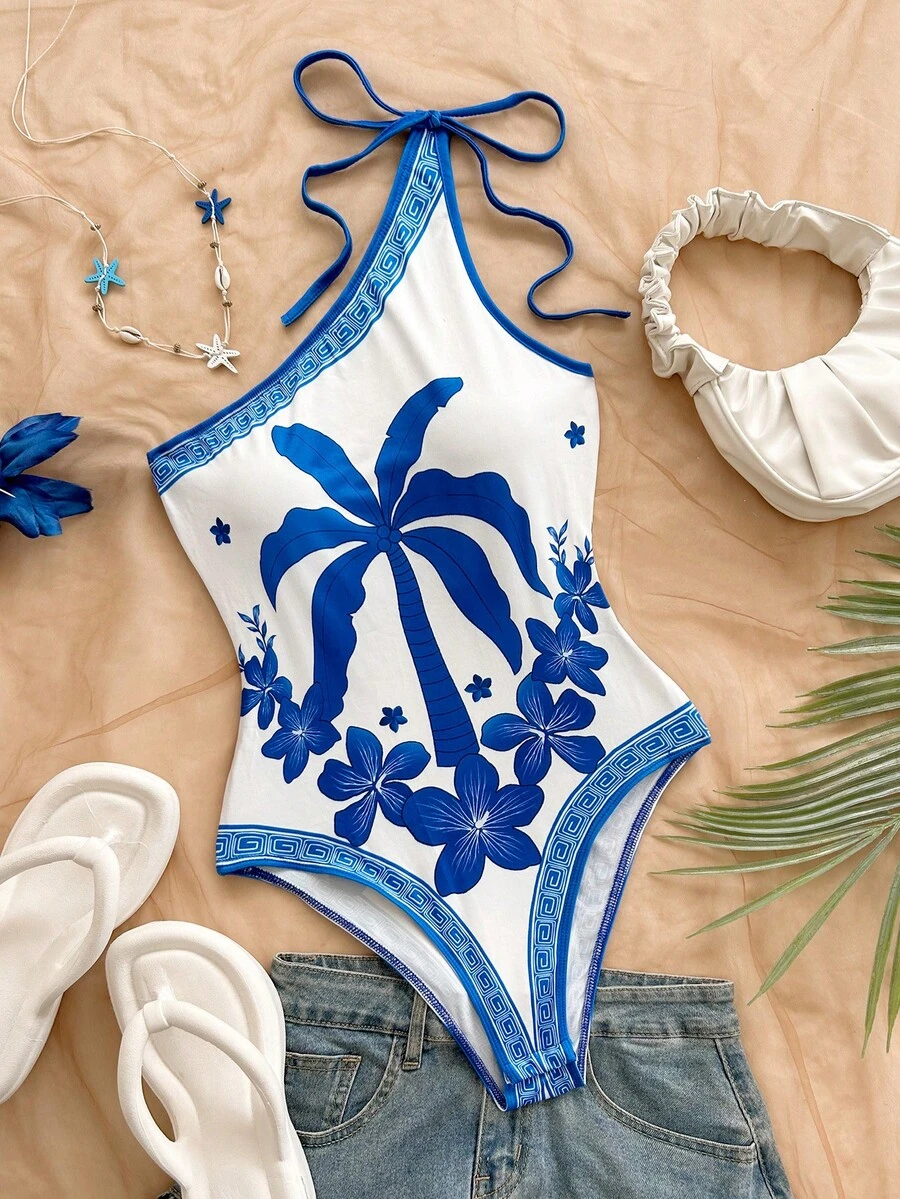 Soleia New Vacation Knit Printed Asymmetric-Shoulder Bowknot Bodysuit For Women - Blue and White - View 1