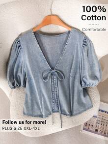 CosyJoli Plus Size Casual Embroidered Puff Sleeve Tie Front Shirt - Blue - View 1