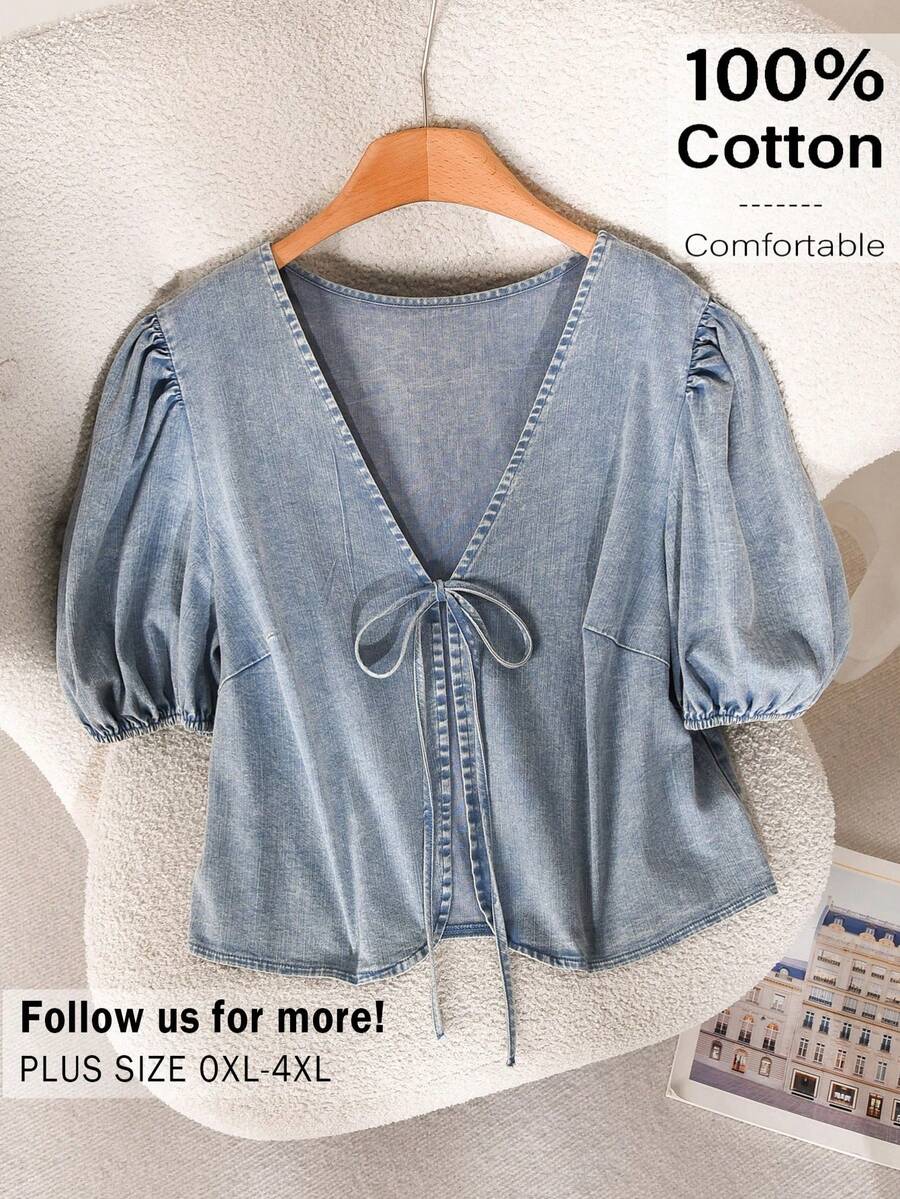CosyJoli Plus Size Casual Embroidered Puff Sleeve Tie Front Shirt - Blue - View 1