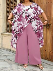 SHEIN CURVE+ 2pcs Plus Size Women's Pink Floral Asymmetrical Hem Shirt And Loose Pants Set, Elegant Daily Romantic Outfit, Spring - Pink - View 6