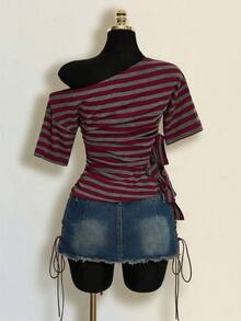 SHEIN ICON Y2k 女款哥特风 Coachella 音乐节俱乐部嬉皮辣妹中国风红黑条纹不对称肩短袖侧扭结时尚上衣，夏季 - 彩色 - 查看 2