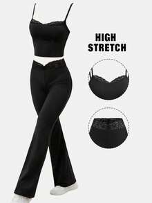 SHEIN Girlism 少女夏季黑色蕾丝拼接吊带背心套装+喇叭裤修身两件套 - 黑色 - 查看 1