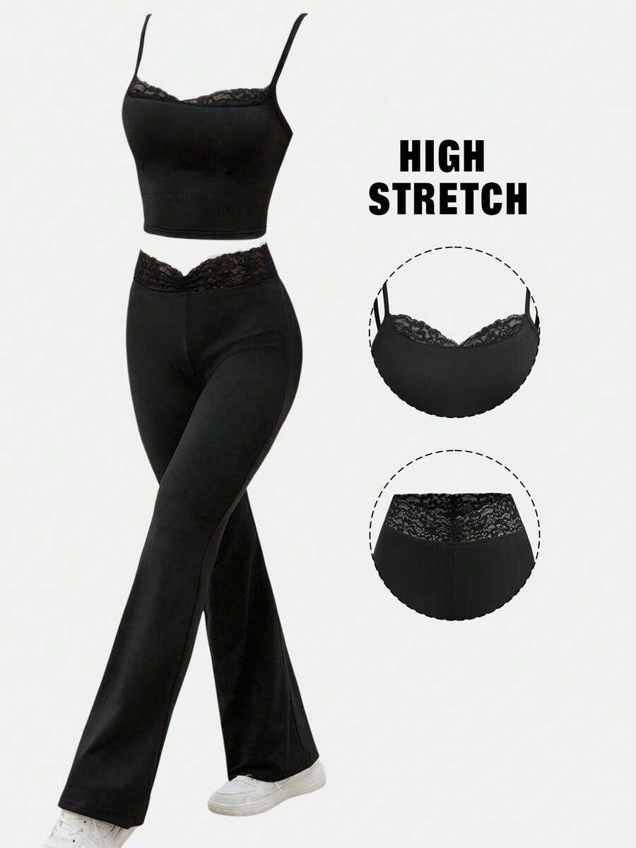 SHEIN Girlism 少女夏季黑色蕾丝拼接吊带背心套装+喇叭裤修身两件套 - 黑色 - 查看 1