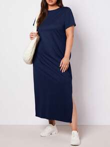 EMERY ROSE 大码女式纯色圆领短袖休闲连衣裙 - 藏蓝色 - 查看 1