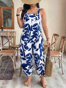 SHEIN LUNE CURVE Plus Size Women Spring/Summer Fashion Adjustable Waist Printed Jumpsuit - Blue - View 3