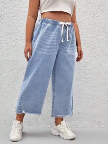 EMERY ROSE Mature Denim Plus Size Women Drawstring Waist Wide Leg Loose Casual Jeans - Light Wash - View 3