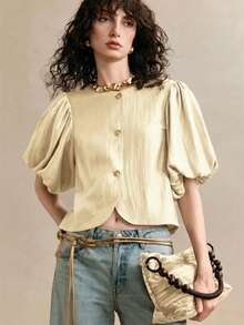 Arave Blusa de mujer de verano con cuello redondo, manga de farol y diseño texturizado, con hilos dorados brillantes trenzados - Albaricoque - Ver 7