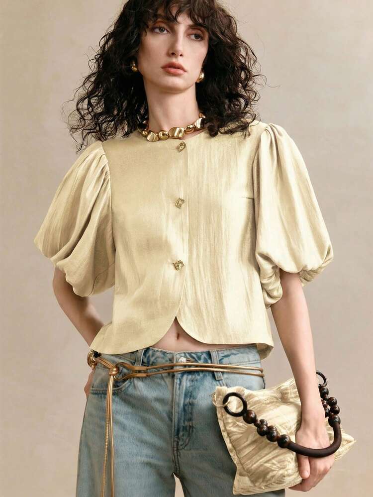 Arave Blusa de mujer de verano con cuello redondo, manga de farol y diseño texturizado, con hilos dorados brillantes trenzados - Albaricoque - Añade 7