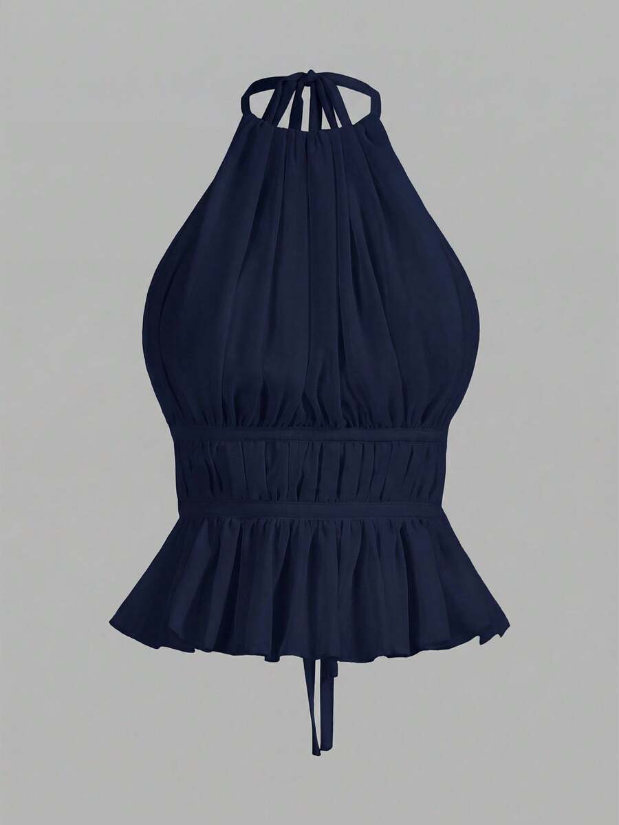 SHEIN PETITE Women's Pleated Halter Neckline Waist-Tied Backless Tank Top - Navy Blue - View 1