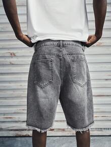 Modcrash Quần short denim nam trơn, viền tua rua, có túi, kiểu dáng thời trang, phong cách retro Mỹ, unisex, dáng rộng thoải mái, phù hợp cho trang phục mùa hè – thích hợp mặc hàng ngày và đi nghỉ hè. - Màu Xám nhạt - Xem 2