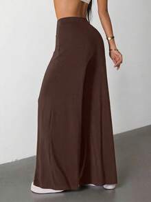 SHEIN PETITE Women's High Elastic Wide Leg Black Trousers - Brown - View 2