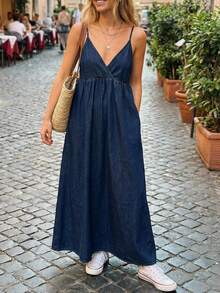 FRIFUL Women's Solid Color Casual Versatile Loose Denim Cami Dress Summer - Blue - View 12