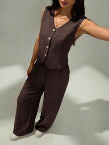 SHEIN PETITE Women's Summer Casual Solid Color Vest & Pants 2 Pieces Set - Coffee Brown - View 4