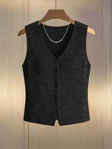 DAZY Women's V-Neck Sleeveless Fitted Street Casual Vest Jacket Y2k - Black - View 3
