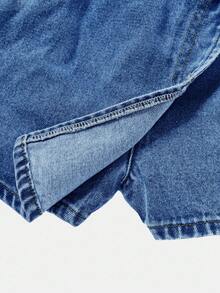 SHEIN Tween Girl Summer Boho Stonewashed Asymmetrical Hem Wrapped Denim Mini Skort - Medium Wash - View 3