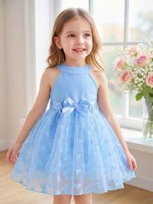 SHEIN Vestido azul de cuello halter con malla y mariposas 3D, con cinturón azul, apropiado para fotografía, vacaciones, salidas diarias y diversas ocasiones - Azul - Ver 1