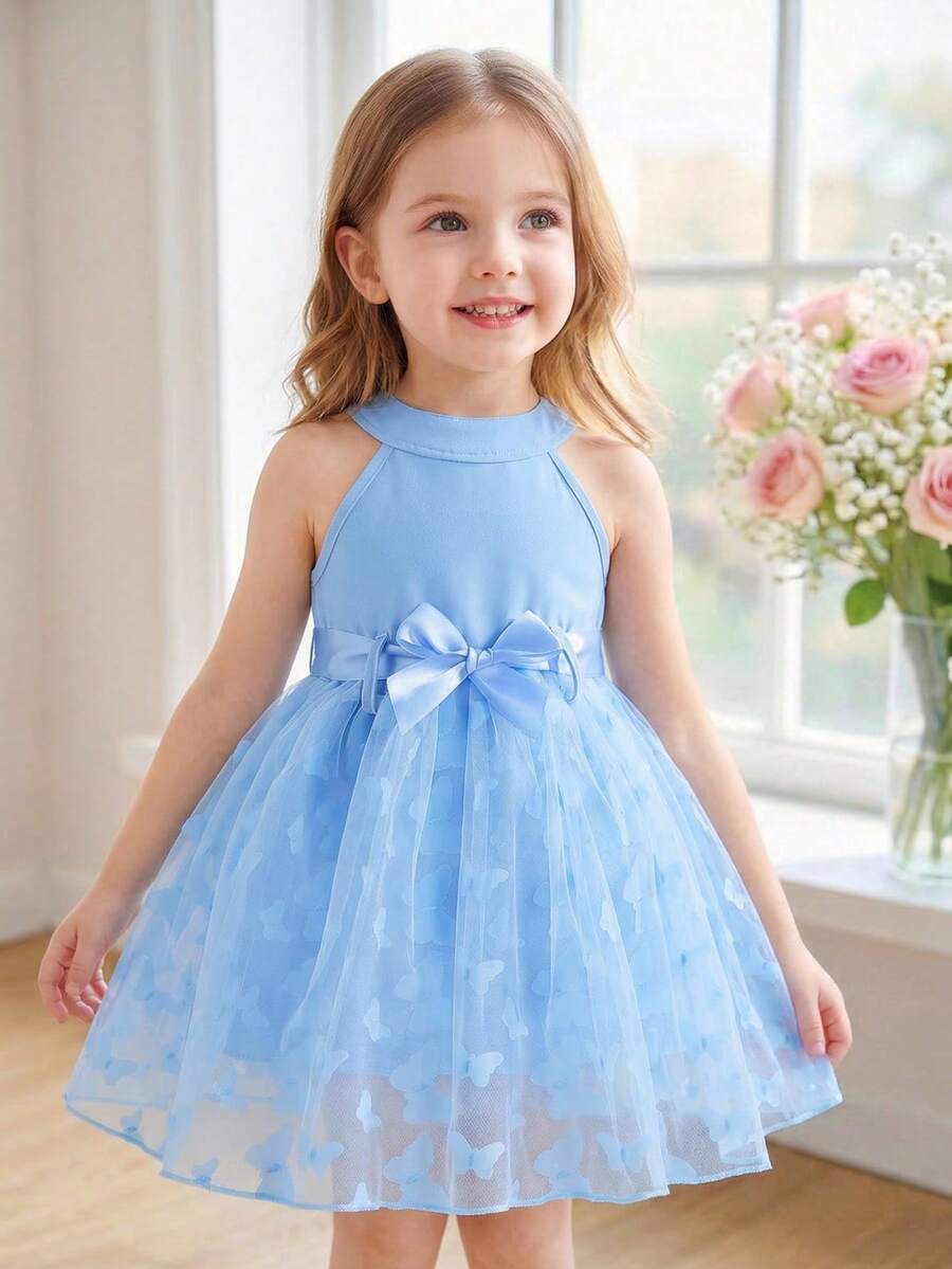 SHEIN Vestido azul de cuello halter con malla y mariposas 3D, con cinturón azul, apropiado para fotografía, vacaciones, salidas diarias y diversas ocasiones - Azul - Ver 1