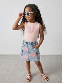 SHEIN 2件套年轻女孩休闲简约舒适圆领无袖上衣带口袋和牛仔A字裙套装 - 粉色 - 查看 10