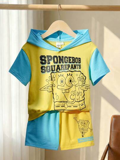 SpongeBob SquarePants | SHEIN 2件套男童撞色短袖连帽T恤和短裤休闲套装