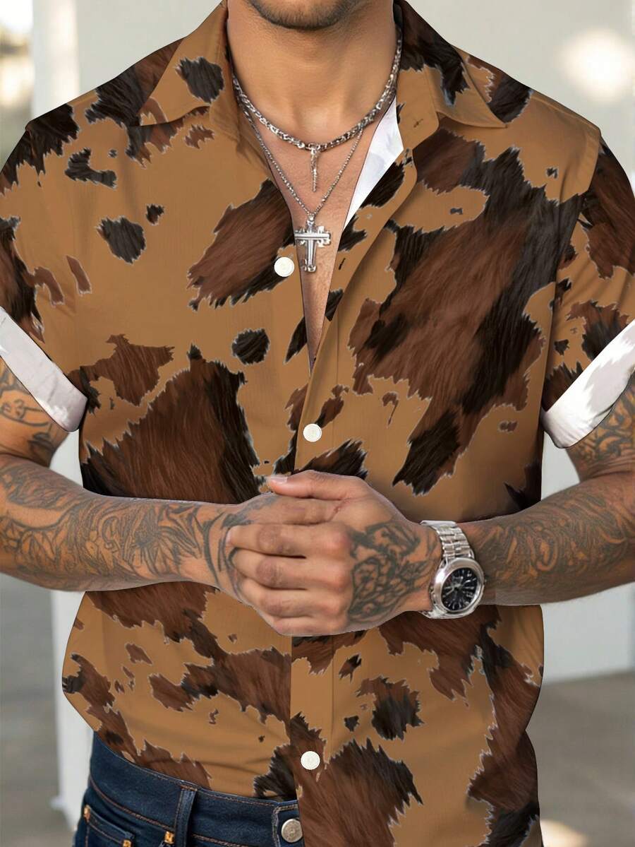 Manfinity LEGND Camisa de manga corta de uso diario versátil y casual con bloqueo de color de un solo pecho para hombres - Multicolor - Ver 1