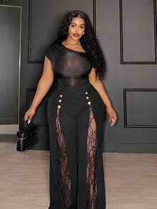 SHEIN PETITE CURVE Plus Size Women's Black Lace Patchwork Pants,Elegant Summer High Waist Wide Leg Flare Palazzo Slacks,Hollow Mesh Rave Nightclub Wear,Formal Long Pants - Black - View 7