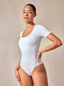Veilyse 1pc Women Solid Color Shapewear Bodysuit, Tummy Control Slimming Jumpsuitfor Summer - White - View 3