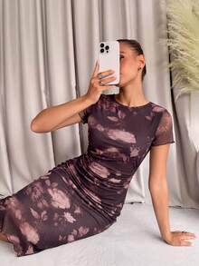 Lavishia Purple Printed Mesh Ruched Mini Dress With Round Neck And Short Sleeves - Red Violet - View 1