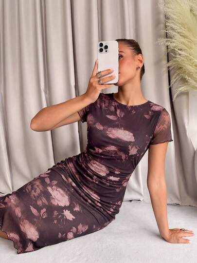 Lavishia Purple Printed Mesh Ruched Mini Dress With Round Neck And Short Sleeves