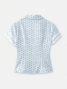 lacRébo Blusa ajustada con estampado floral de cuadros con cuello ribeteado de encaje, estilo francés primavera-verano estilo parisino - Azul - Ver 7