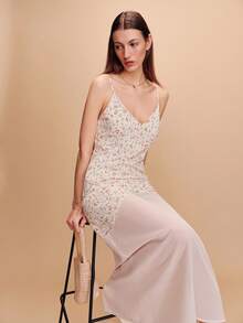 lacRébo Vestido maxi de dos telas con busto estampado y bajo asimétrico de gasa, estilo francés primavera-verano, estilo parisino, vestido de noche de verano, vestido lindo para vacaciones - Albaricoque - Ver 1