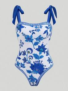 SHEIN Swim Oasis Bộ áo tắm liền thân và váy khoác ngoài in họa tiết hoa dành cho nữ, thích hợp cho kỳ nghỉ hè. - Xanh và trắng - Xem 6