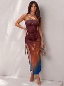 SHEIN Glamour Abito aderente con spacco laterale arricciato e sfumatura di diamanti pressati a caldo, abito arricciato con strass a forma di cuore per San Valentino e abito luccicante per l'inverno, abito elegante e sexy nero da donna per feste, abito da donna per feste e occasioni formali, abito lungo con spacco alto senza spalline per primavera/estate - Multicolore - Visualizzare 2