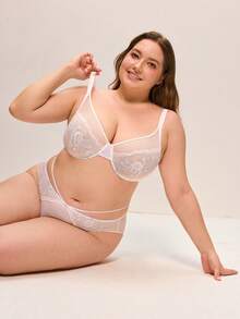 LUVLETTE 大码女士内衣全罩杯聚拢透气钢圈性感无衬里刺绣蕾丝浅蓝色白色婚纱新娘文胸网纱蕾丝文胸显瘦文胸 - 藍色 - 查看 5