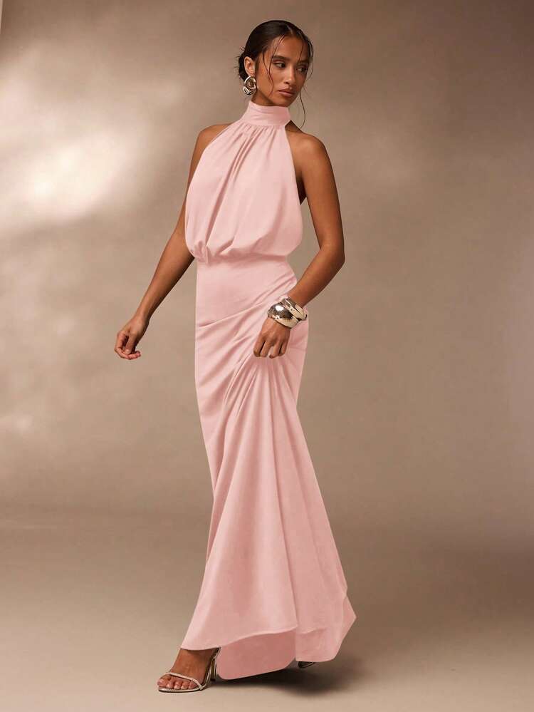brown and pink dresses womens Glamine Elegant Dusty Summer Wedding Ninang Formal For Women,Halter Neck Gentle Style Maxin Dress,Gala Blush Vintage Holiday Festival Outfits The ruffle sleeves and Y2K style Black Scoop Neck Thin Trouser Inseam:Custom