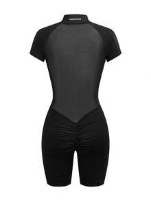 Innovista 女士纯色立领休闲日常通勤运动连体衣紧身衣健身紧身衣压缩紧身衣女士骑行服女士一体式运动服 - 黑色 - 查看 2