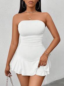Zolique Solid Color Strapless Ruffle Hem Romper Shorts - White - View 4
