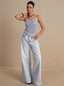 Poéselle 女士休闲纯色简约针织上衣 - 藍色 - 查看 2