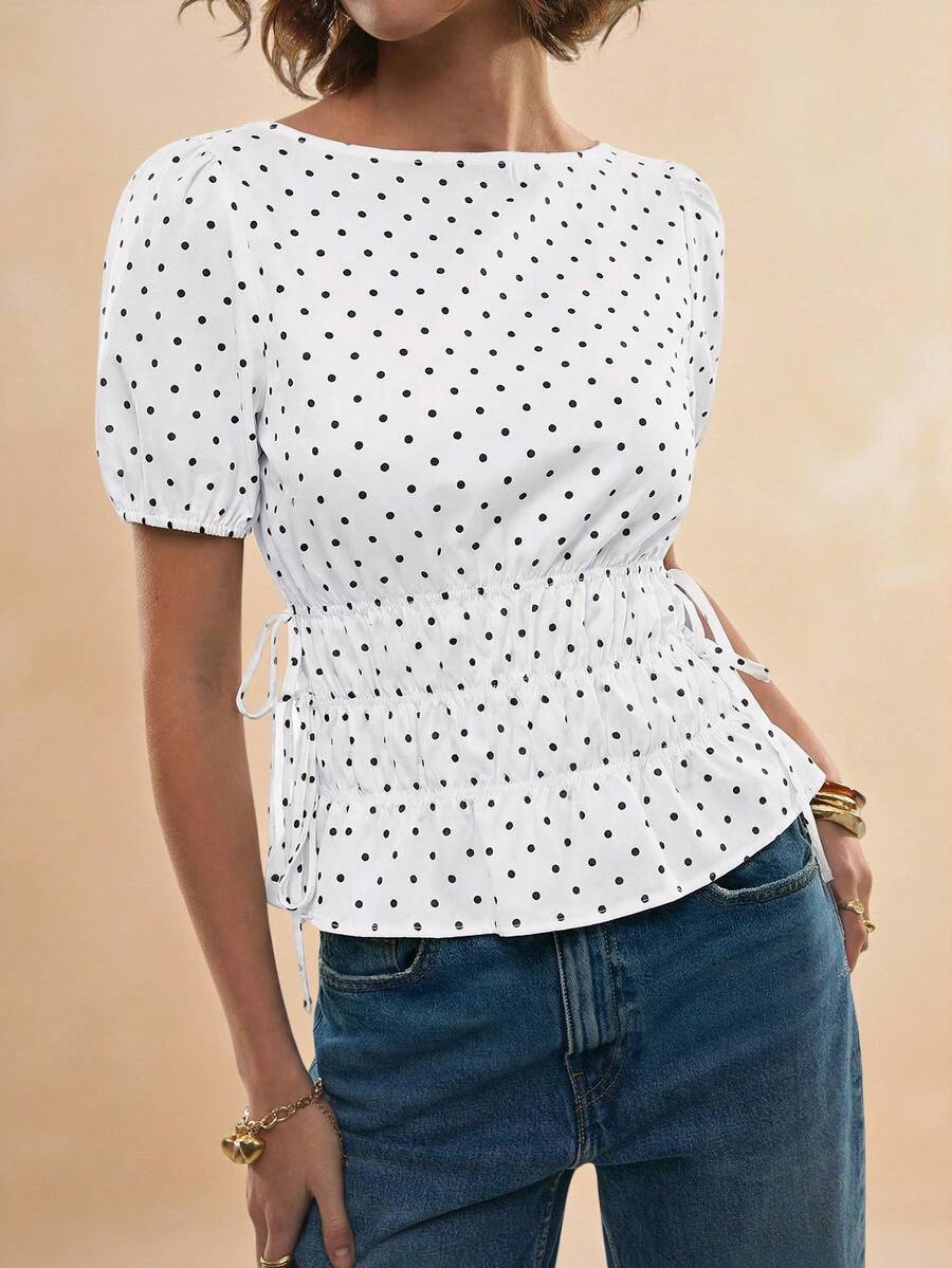 Poéselle Áo thun ngắn tay cổ tròn in họa tiết chấm bi, thắt eo. - trắng - Xem 1