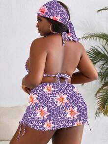 Slaydiva 加大码随机印花挂脖三件套泳衣，4件套橙色Y2K泳衣女士泳衣沙滩装女式两件套豹纹比基尼上衣紫色女士泳衣两件套复活节 - 彩色 - 查看 2