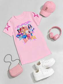 春夏少女休闲时尚创意个性清新简约酷炫虚拟少女团体五角星字母标语印花休闲基础款短袖T恤裙，舒适日常穿着，温暖的夏秋款式，适合春、夏、秋季穿着。 - 彩色 - 查看 4