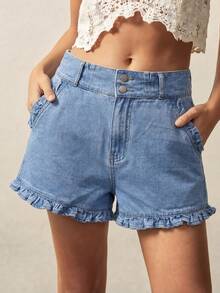 Travachic 女士荷叶边牛仔短裤 - 藍色 - 查看 1