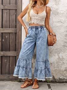 Brillora Women's Elastic Waist Ruffle Hem Loose Fit Casual Denim Jeans, Summer - Light Wash - View 1