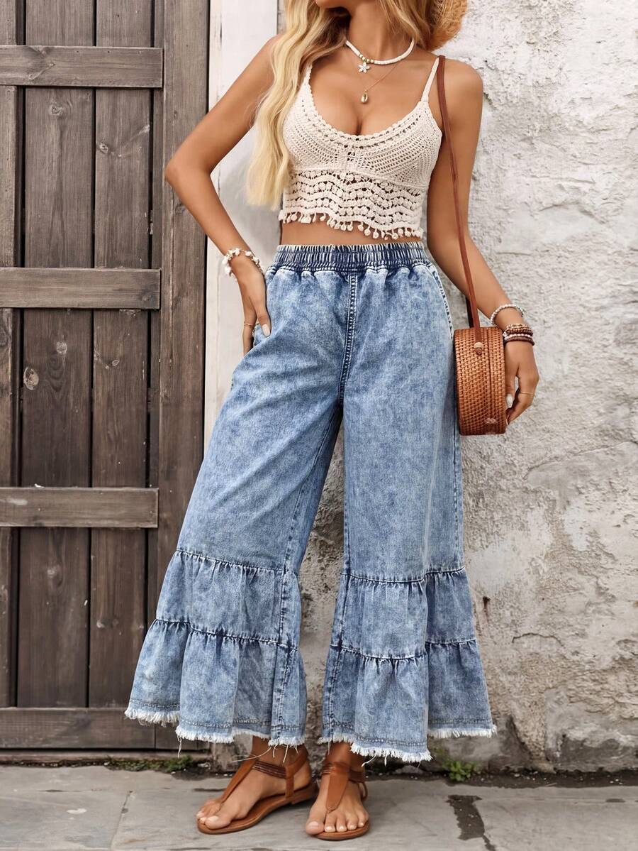 Brillora Women's Elastic Waist Ruffle Hem Loose Fit Casual Denim Jeans, Summer - Light Wash - View 1